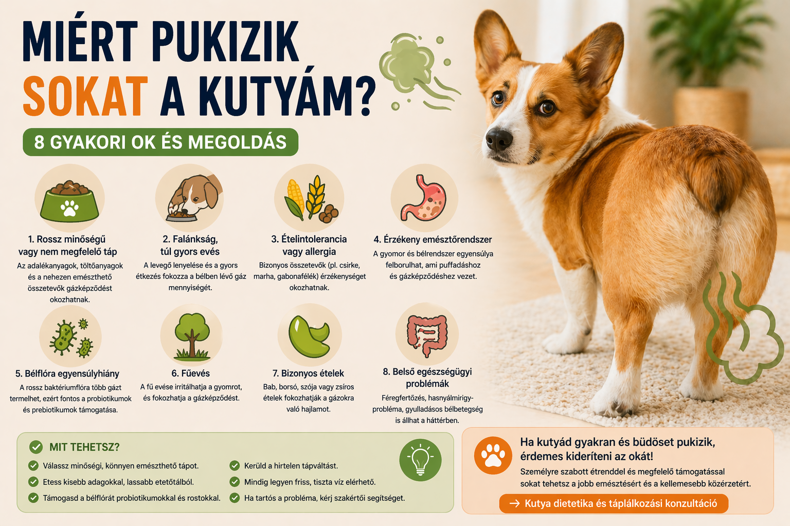 Miért pukizik sokat a kutyám? 8 gyakori ok és megoldás